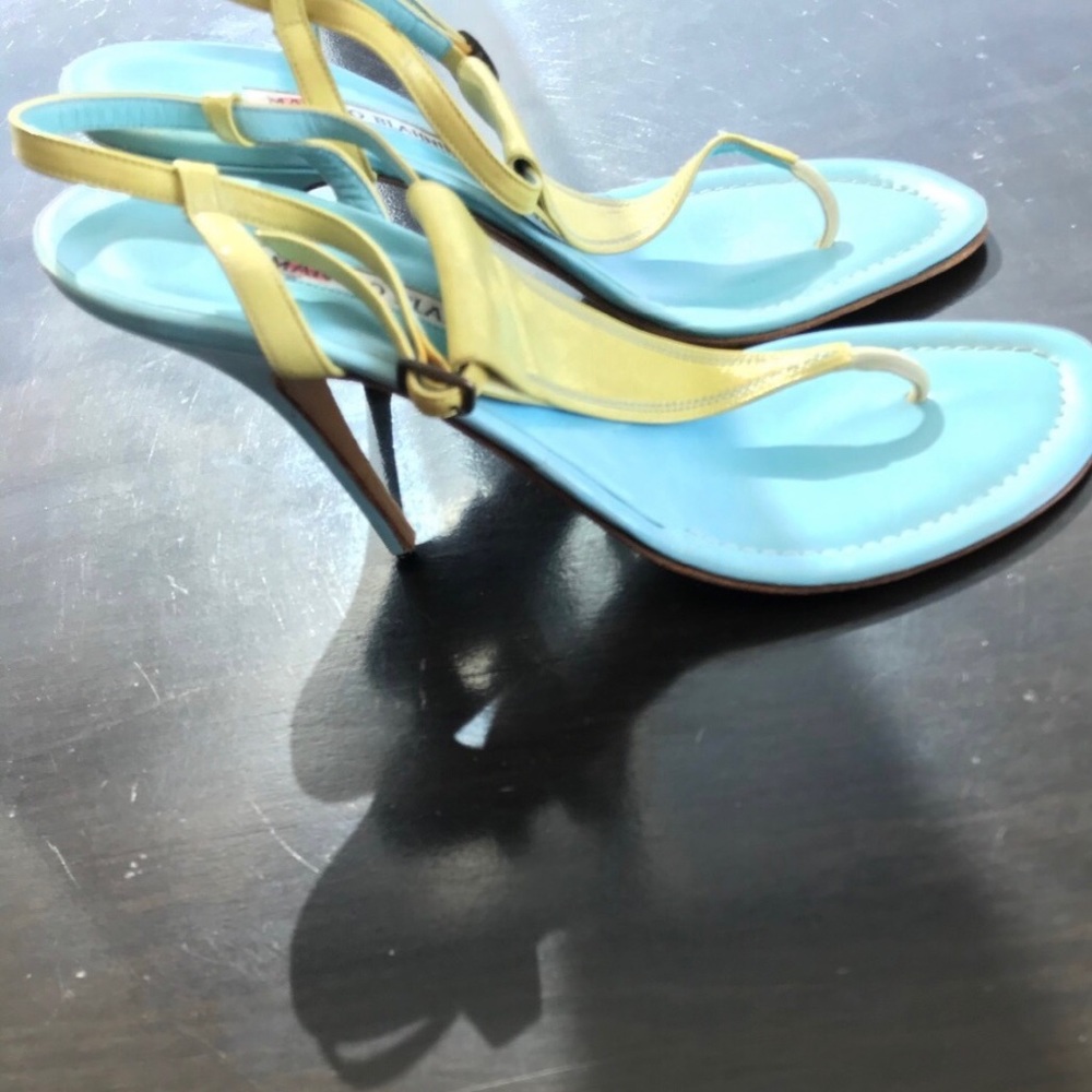 Rare, Vintage Manolo Blahnik Thong Sandal in Citron Yellow and Aqua Green